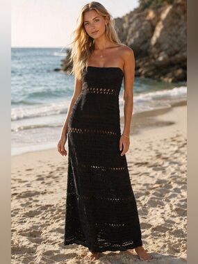 Roxy XS Black Crochet Strapless Maxi Dress Boho Beach Goth Festival Summer